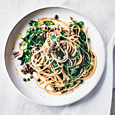 spaghetti-with-greens-capers-anchovies-lemon-dressing