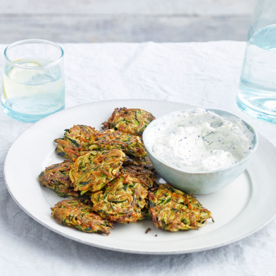 spiced-courgette-and-carrot-fritters-with-raita