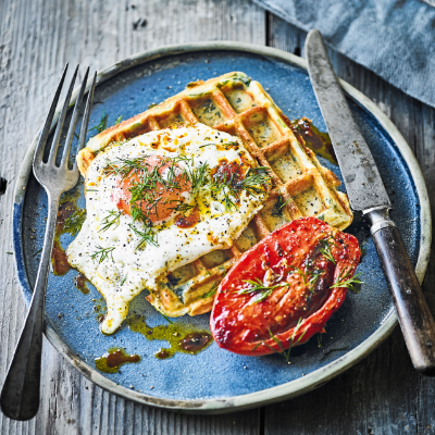 spinach-waffles-with-eggs-smoky-slow-roast-tomatoes