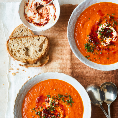 tomato-red-pepper-and-sweet-potato-soup-with-harissa-yogurt