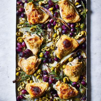 tray-roast-chicken-thighs-with-fennel-grapes-and-olives