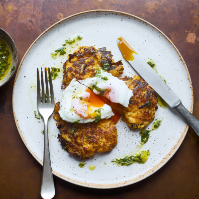 turnip-and-sweet-potato-fritters-with-poached-eggs-and-basil-oil