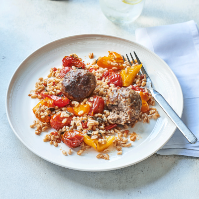 veal-meatballs-with-pepperonata-and-farro