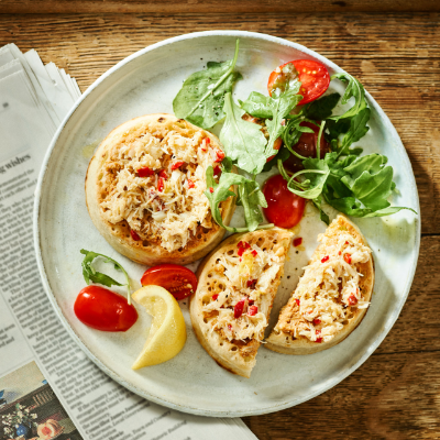 warm-sourdough-crumpets-with-crab-chilli-tomatoes-and-rocket