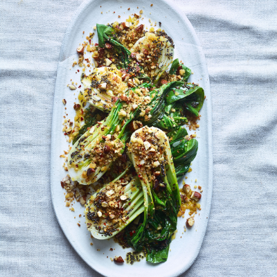 jordan-bourkes-wilted-pak-choi-with-crispy-breadcrumbs-and-almonds