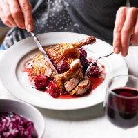 Roast duck with clementine & cherry sauce