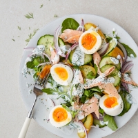 Smoked trout salad with boiled eggs